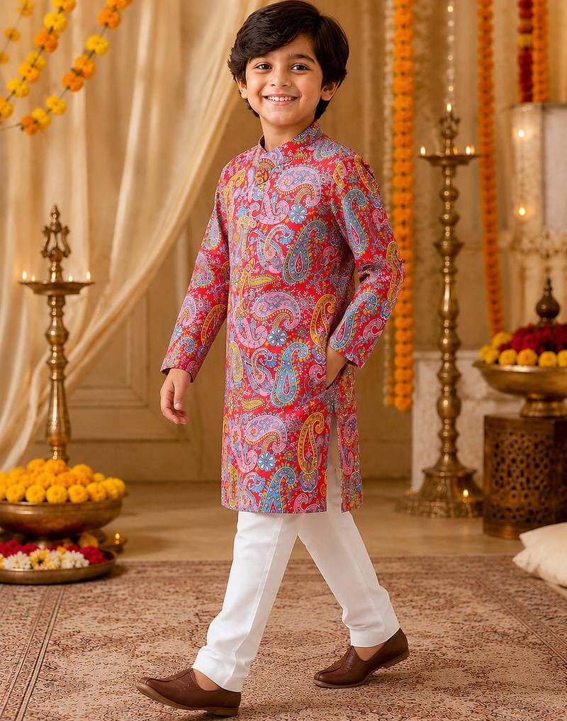 Red paisley boys kurta set