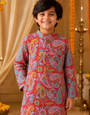 Red paisley boys kurta set 4