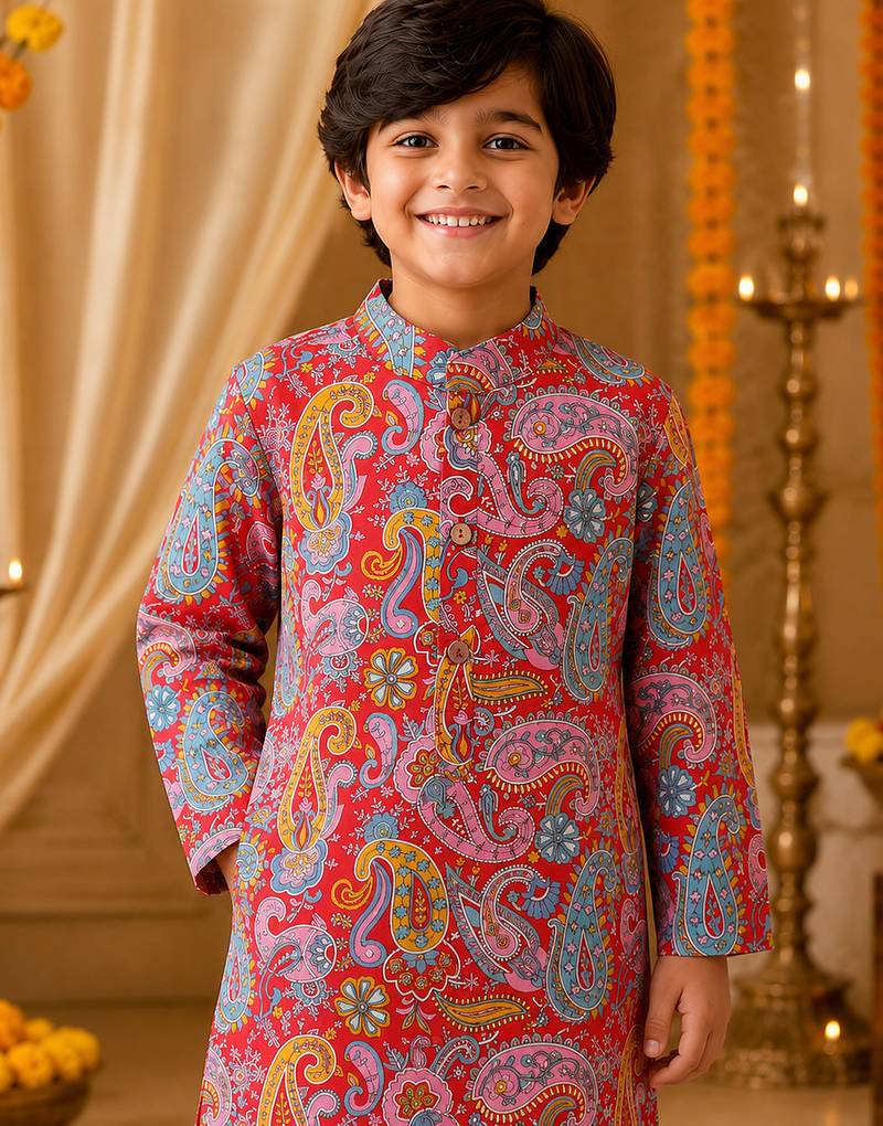 Red paisley boys kurta set
