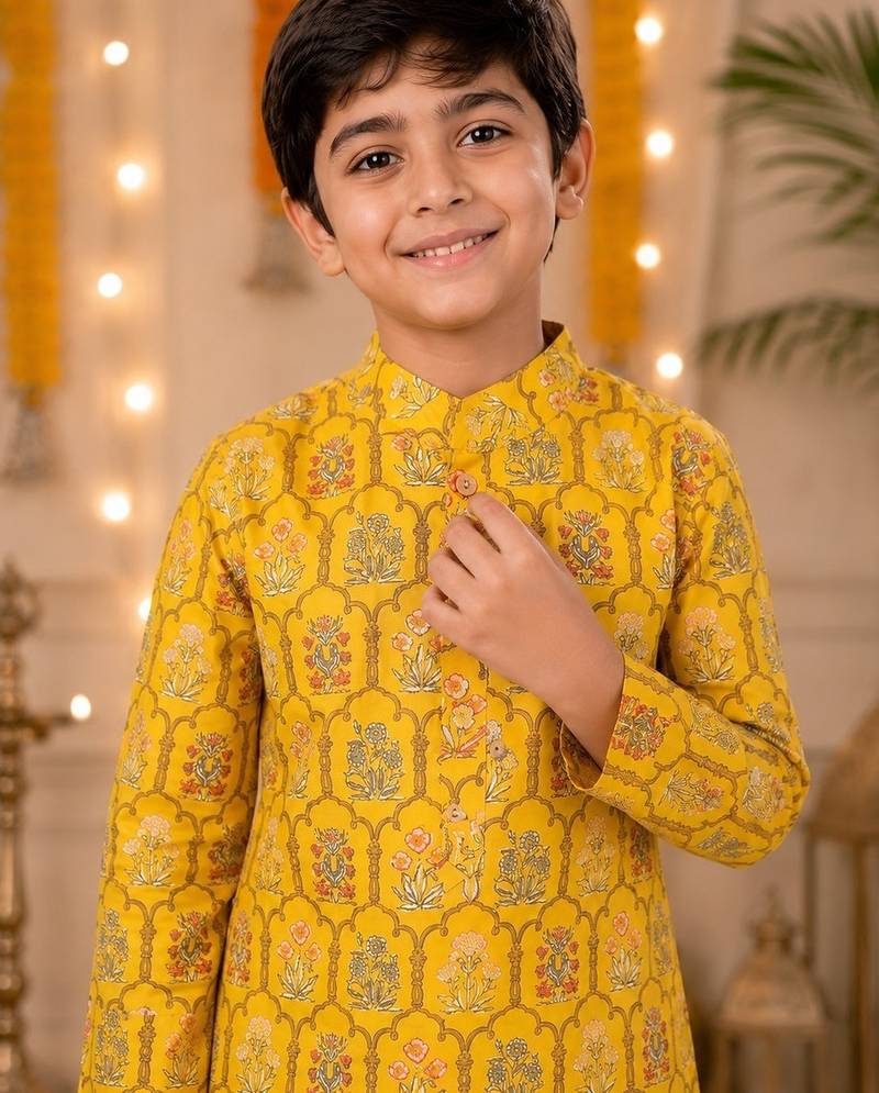 Yellow boota boys kurta set