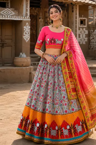 Navratri Ajarakh Print Rayon Semi Stitched Lehenga Choli & Unstitched Blouse With Dupatta