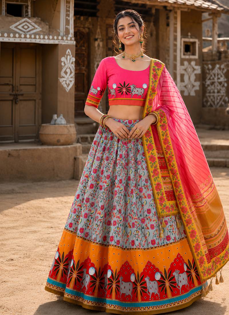 Navratri Ajarakh Print Rayon Semi Stitched Lehenga Choli & Unstitched Blouse With Dupatta