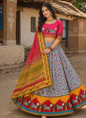 Navratri Ajarakh Print Rayon Semi Stitched Lehenga Choli & Unstitched Blouse With Dupatta 2