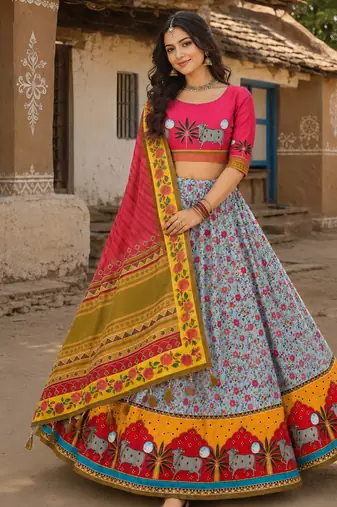 Navratri Ajarakh Print Rayon Semi Stitched Lehenga Choli & Unstitched Blouse With Dupatta