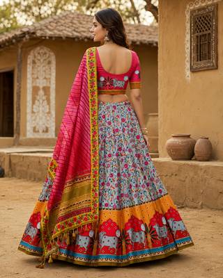 Navratri Ajarakh Print Rayon Semi Stitched Lehenga Choli & Unstitched Blouse With Dupatta 3