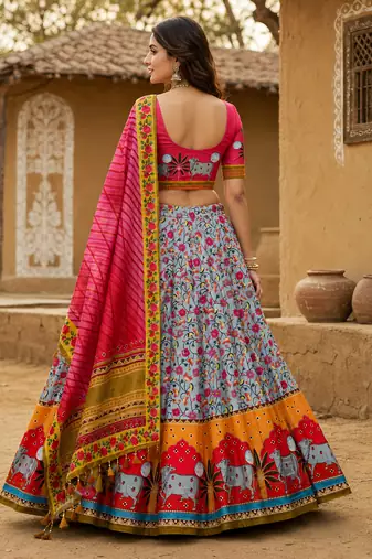Navratri Ajarakh Print Rayon Semi Stitched Lehenga Choli & Unstitched Blouse With Dupatta