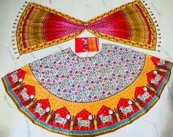 Navratri Ajarakh Print Rayon Semi Stitched Lehenga Choli & Unstitched Blouse With Dupatta 4
