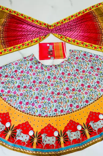 Navratri Ajarakh Print Rayon Semi Stitched Lehenga Choli & Unstitched Blouse With Dupatta