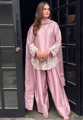 Peach embroidery work silk crepe patiala gharara salwar suit set with netdupatta 1