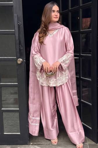 Peach embroidery work silk crepe patiala gharara salwar suit set with netdupatta