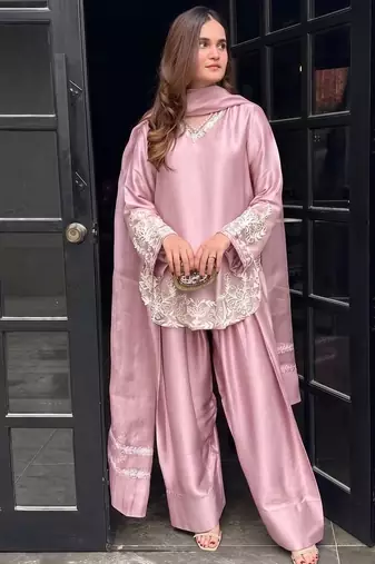 Peach embroidery work silk crepe patiala gharara salwar suit set with netdupatta