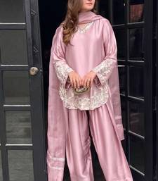 Peach embroidery work silk crepe patiala gharara salwar suit set with netdupatta