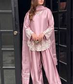 Peach embroidery work silk crepe patiala gharara salwar suit set with netdupatta