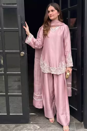 Peach embroidery work silk crepe patiala gharara salwar suit set with netdupatta
