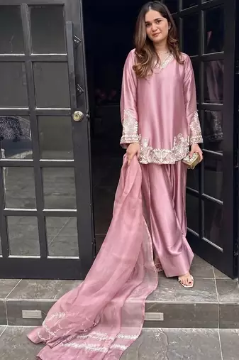 Peach embroidery work silk crepe patiala gharara salwar suit set with netdupatta