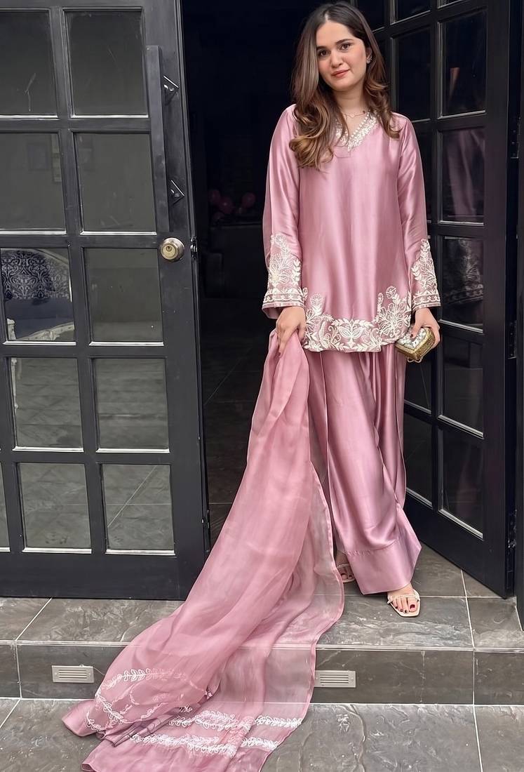Peach embroidery work silk crepe patiala gharara salwar suit set with netdupatta