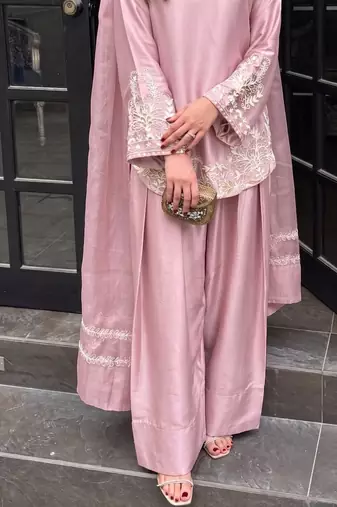 Peach embroidery work silk crepe patiala gharara salwar suit set with netdupatta