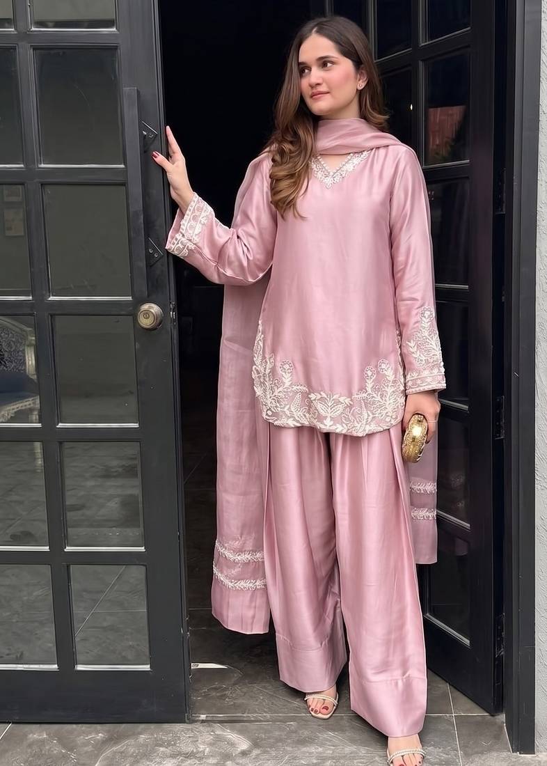 Peach embroidery work silk crepe patiala gharara salwar suit set with netdupatta