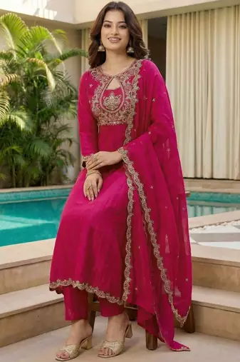 Women Ethnic Motifs Embroidered Empire Thread Work Kurta with Trousers & With Dupatta