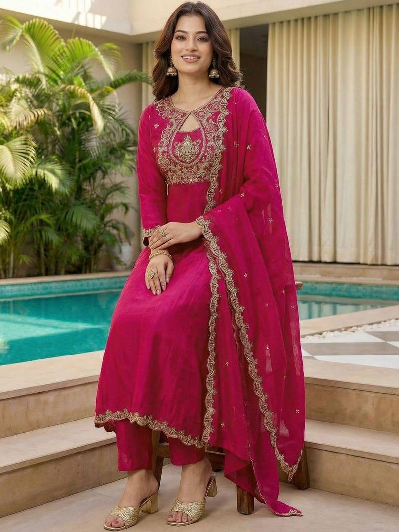 Women Ethnic Motifs Embroidered Empire Thread Work Kurta with Trousers & With Dupatta