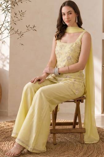 Women Ethnic Motifs Embroidered Regular Thread Work Kurta with Palazzos & With Dupatta