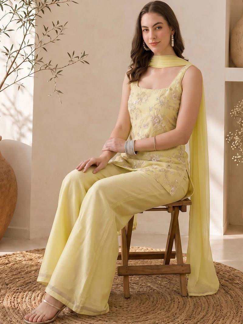 Women Ethnic Motifs Embroidered Regular Thread Work Kurta with Palazzos & With Dupatta