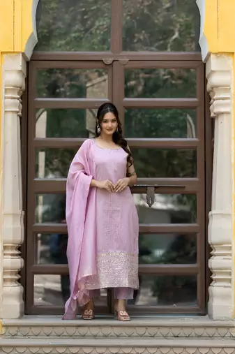 Women Ethnic Motifs Regular Thread Work Kurta with Trousers & With Dupatta