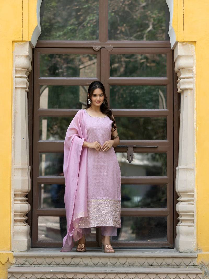 Women Ethnic Motifs Regular Thread Work Kurta with Trousers & With Dupatta