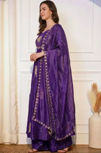 Women Floral Embroidered Empire Thread Work Kurta with Palazzos & With Dupatta