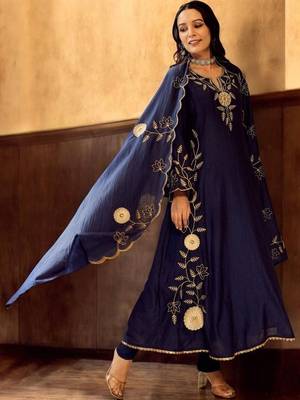 Women Ethnic Motifs Embroidered Regular Thread Work Chanderi Silk Kurta with Pyjamas & With Dupatta 1