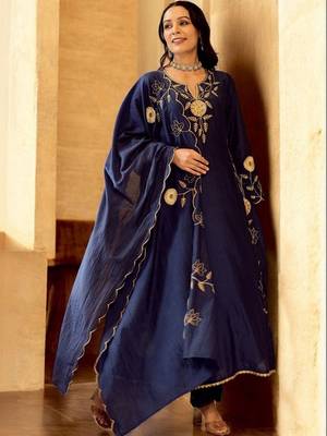 Women Ethnic Motifs Embroidered Regular Thread Work Chanderi Silk Kurta with Pyjamas & With Dupatta 2