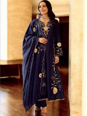 Women Ethnic Motifs Embroidered Regular Thread Work Chanderi Silk Kurta with Pyjamas & With Dupatta 5