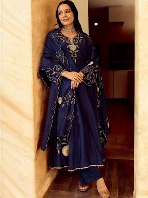 Women Ethnic Motifs Embroidered Regular Thread Work Chanderi Silk Kurta with Pyjamas & With Dupatta 7