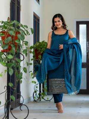 Embroidered Scoop Neck Sequinned Straight Kurta With Trousers & Dupatta 1