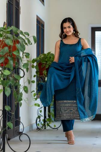 Embroidered Scoop Neck Sequinned Straight Kurta With Trousers & Dupatta