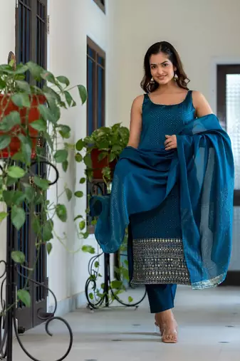 Embroidered Scoop Neck Sequinned Straight Kurta With Trousers & Dupatta