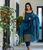 Embroidered Scoop Neck Sequinned Straight Kurta With Trousers & Dupatta