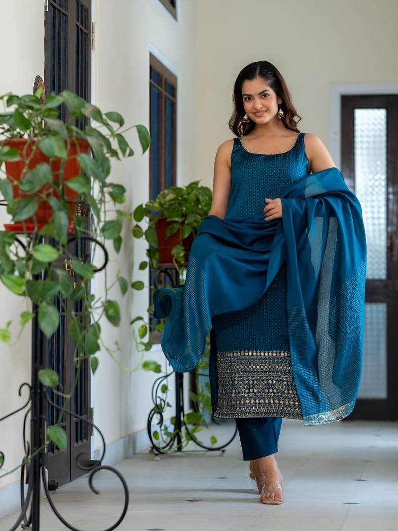 Embroidered Scoop Neck Sequinned Straight Kurta With Trousers & Dupatta