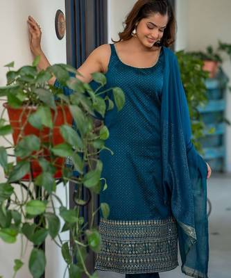 Embroidered Scoop Neck Sequinned Straight Kurta With Trousers & Dupatta 2