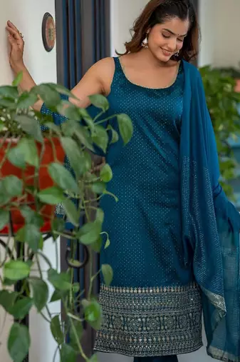 Embroidered Scoop Neck Sequinned Straight Kurta With Trousers & Dupatta