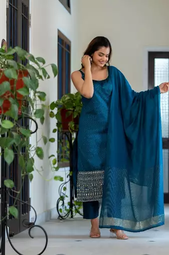 Embroidered Scoop Neck Sequinned Straight Kurta With Trousers & Dupatta