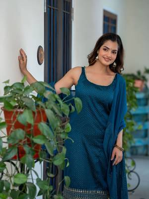 Embroidered Scoop Neck Sequinned Straight Kurta With Trousers & Dupatta 6