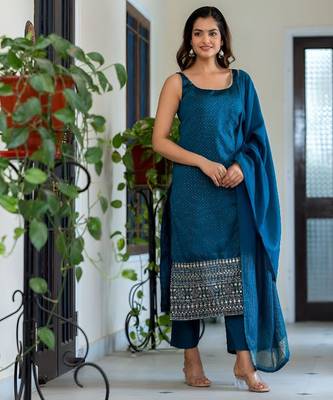 Embroidered Scoop Neck Sequinned Straight Kurta With Trousers & Dupatta 7