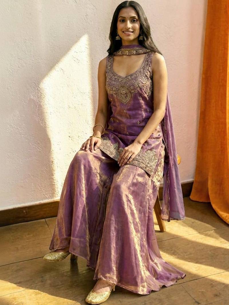 Women Ethnic Motifs Embroidered Regular Thread Work Kurta with Sharara & With Dupatta