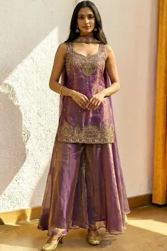 Women Ethnic Motifs Embroidered Regular Thread Work Kurta with Sharara & With Dupatta