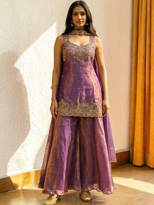 Women Ethnic Motifs Embroidered Regular Thread Work Kurta with Sharara & With Dupatta 3