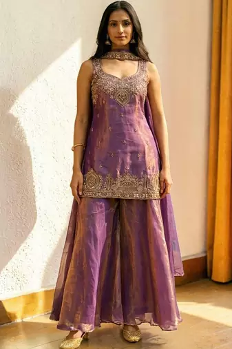 Women Ethnic Motifs Embroidered Regular Thread Work Kurta with Sharara & With Dupatta