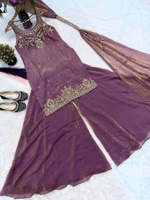 Women Ethnic Motifs Embroidered Regular Thread Work Kurta with Sharara & With Dupatta 4