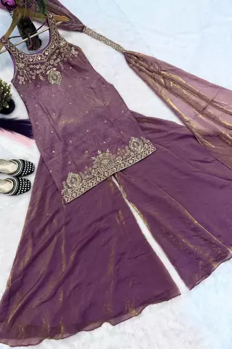 Women Ethnic Motifs Embroidered Regular Thread Work Kurta with Sharara & With Dupatta