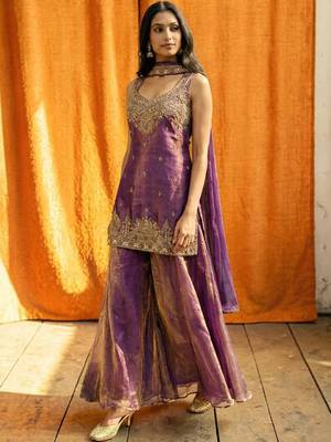 Women Ethnic Motifs Embroidered Regular Thread Work Kurta with Sharara & With Dupatta 6